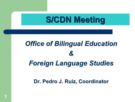 1 Office of Bilingual Education & Foreign Language Studies Dr. Pedro J. Ruiz, Coordinator S/CDN Meeting.
