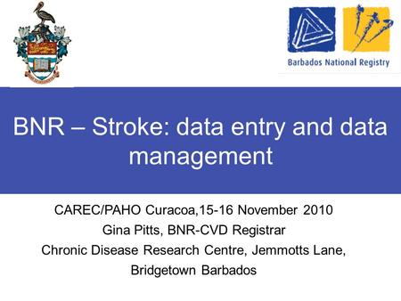BNR – Stroke: data entry and data management CAREC/PAHO Curacoa,15-16 November 2010 Gina Pitts, BNR-CVD Registrar Chronic Disease Research Centre, Jemmotts.