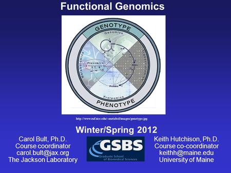 Functional Genomics Carol Bult, Ph.D. Course coordinator The Jackson Laboratory Winter/Spring 2012 Keith Hutchison, Ph.D. Course co-coordinator.