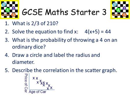 1 of 66 GCSE Maths Starter 3 1.What is 2/3 of 210? 2.Solve the equation to find x: 4(x+5) = 44 3.What is the probability of throwing a 4 on an ordinary.
