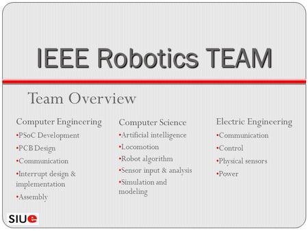 IEEE Robotics TEAM Team Overview Computer Engineering PSoC Development PCB Design Communication Interrupt design & implementation Assembly Computer Science.