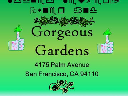 Sydney Seufer, Owner and C.E.O Gorgeous Gardens 4175 Palm Avenue San Francisco, CA 94110.