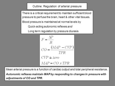 Outline: Regulation of arterial pressure There is a critical requirement to maintain sufficient blood pressure to perfuse the brain, heart & other vital.