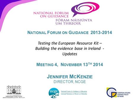 N ATIONAL F ORUM ON G UIDANCE 2013-2014 Testing the European Resource Kit – Building the evidence base in Ireland - Updates M EETING 4, N OVEMBER 13 TH.