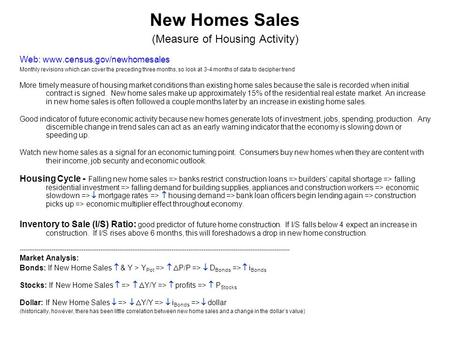 New Homes Sales (Measure of Housing Activity) Web: www.census.gov/newhomesales Monthly revisions which can cover the preceding three months, so look at.