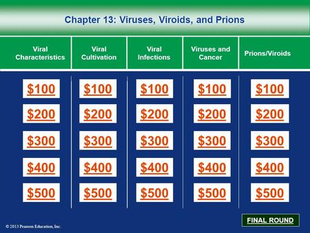 © 2013 Pearson Education, Inc. Chapter 13: Viruses, Viroids, and Prions $100 $200 $300 $400 $500 $100$100$100 $200 $300 $400 $500 Viral Characteristics.