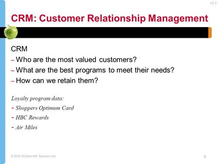 © 2012 McGraw-Hill Ryerson Ltd. CRM: Customer Relationship Management CRM – Who are the most valued customers? – What are the best programs to meet their.