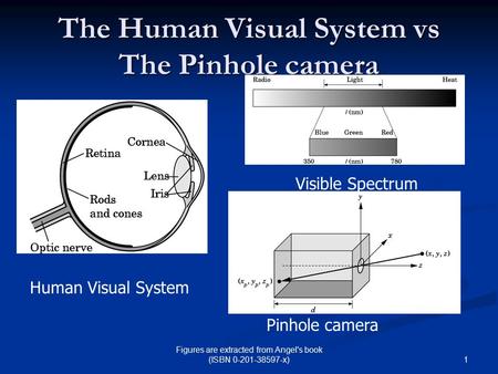 1 Figures are extracted from Angel's book (ISBN 0-201-38597-x) The Human Visual System vs The Pinhole camera Human Visual System Visible Spectrum Pinhole.