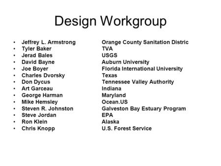 Design Workgroup Jeffrey L. ArmstrongOrange County Sanitation Distric Tyler BakerTVA Jerad BalesUSGS David BayneAuburn University Joe BoyerFlorida International.