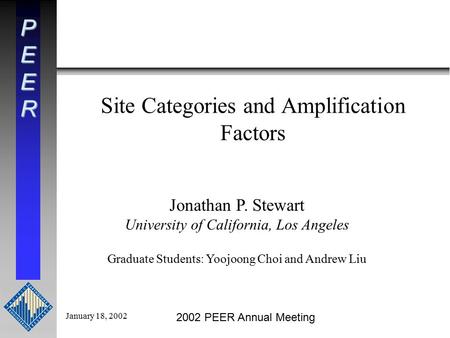 PEER Jonathan P. Stewart University of California, Los Angeles Graduate Students: Yoojoong Choi and Andrew Liu January 18, 2002 2002 PEER Annual Meeting.