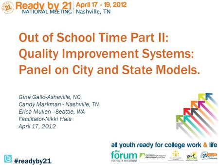 Out of School Time Part II: Quality Improvement Systems: Panel on City and State Models. Gina Gallo-Asheville, NC, Candy Markman - Nashville, TN Erica.
