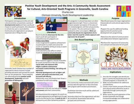 Positive Youth Development and the Arts: A Community Needs Assessment for Cultural, Arts-Oriented Youth Programs in Greenville, South Carolina Charles.