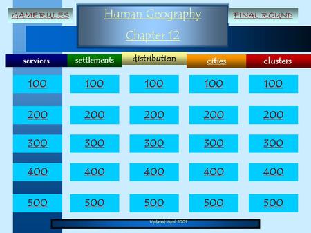 Updated: April 2009 Human Geography Chapter 12 services clusters distribution cities settlements 100 200 300 400 500 100 200 300 400 500 GAME RULESFINAL.