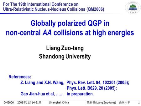 QM2006 2006 年 11 月 14-21 日 Shanghai, China 梁作堂 (Liang Zuo-tang) 山东大学 1 For The 19th International Conference on Ultra-Relativistic Nucleus-Nucleus Collisions.