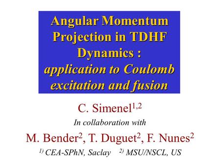 Angular Momentum Projection in TDHF Dynamics : application to Coulomb excitation and fusion C. Simenel 1,2 In collaboration with M. Bender 2, T. Duguet.