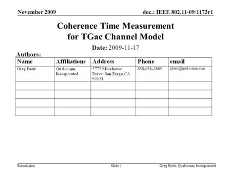 Doc.: IEEE 802.11-09/1173r1 Submission November 2009 Greg Breit, Qualcomm IncorporatedSlide 1 Coherence Time Measurement for TGac Channel Model Date: 2009-11-17.