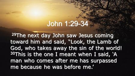 John 1:29-34 29 The next day John saw Jesus coming toward him and said, “Look, the Lamb of God, who takes away the sin of the world! 30 This is the one.