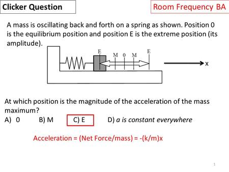 1 A mass is oscillating back and forth on a spring as shown. Position 0 is the equilibrium position and position E is the extreme position (its amplitude).