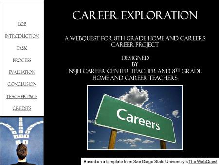 Top Introduction Task Process Evaluation Conclusion Teacher page Credits Career Exploration A WebQuest for 8th Grade Home and Careers Career Project Designed.