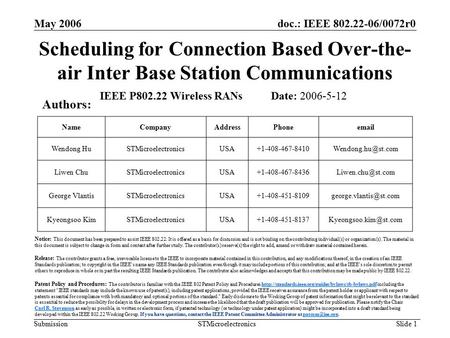 Doc.: IEEE 802.22-06/0072r0 Submission May 2006 STMicroelectronics Slide 1 Scheduling for Connection Based Over-the- air Inter Base Station Communications.
