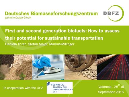 First and second generation biofuels: How to assess their potential for sustainable transportation Daniela Thrän, Stefan Majer, Markus Millinger Valencia,