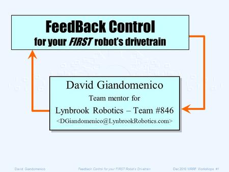 David GiandomenicoFeedback Control for your FIRST Robot’s DrivetrainDec 2010 WRRF Workshops #1 David Giandomenico Team mentor for Lynbrook Robotics – Team.