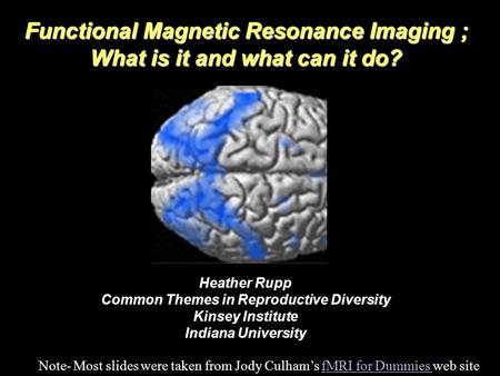 Functional Magnetic Resonance Imaging ; What is it and what can it do? Heather Rupp Common Themes in Reproductive Diversity Kinsey Institute Indiana University.