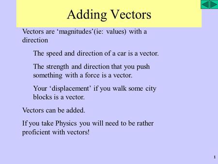 Adding Vectors Vectors are ‘magnitudes’(ie: values) with a direction