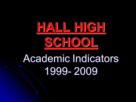 HALL HIGH SCHOOL Academic Indicators 1999- 2009. Students meeting or exceeding the Illinois Learning Standards (reading, math, science) 2002………………………………..43%2003………………………………..58%2004………………………………..42%2005………………………………..45%2006………………………………..48%2007…………………………