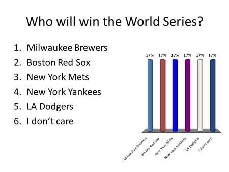 Who will win the World Series? 1.Milwaukee Brewers 2.Boston Red Sox 3.New York Mets 4.New York Yankees 5.LA Dodgers 6.I don’t care.