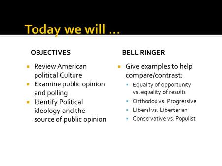 OBJECTIVES  Review American political Culture  Examine public opinion and polling  Identify Political ideology and the source of public opinion BELL.