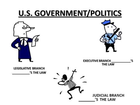 U.S. GOVERNMENT/POLITICS LEGISLATIVE BRANCH __________’S THE LAW JUDICIAL BRANCH ________’S THE LAW EXECUTIVE BRANCH ____________’S THE LAW.