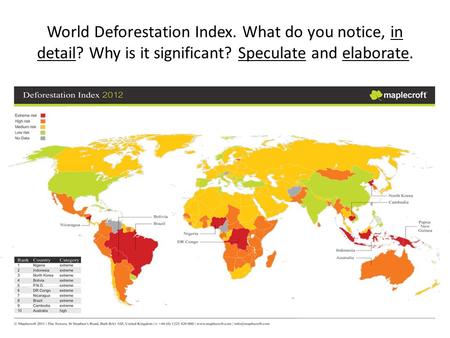 World Deforestation Index. What do you notice, in detail? Why is it significant? Speculate and elaborate.