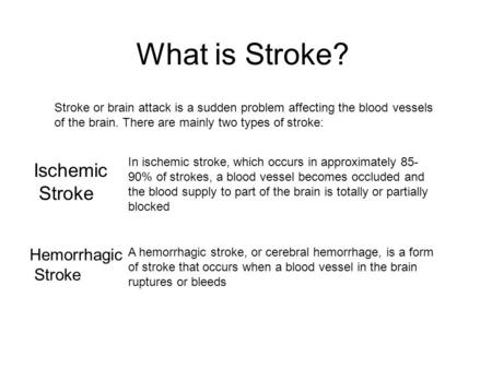 What is Stroke? Stroke or brain attack is a sudden problem affecting the blood vessels of the brain. There are mainly two types of stroke: In ischemic.