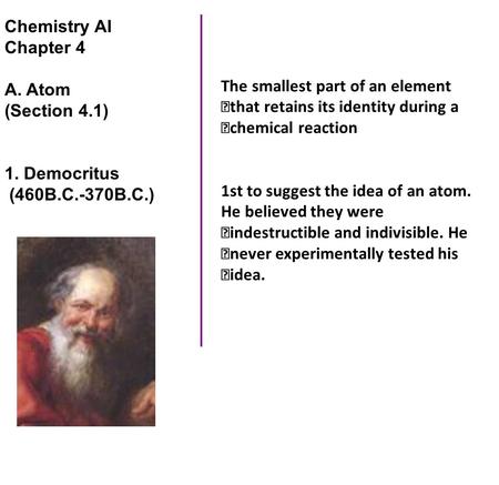Chemistry AI Chapter 4 A. Atom (Section 4.1) 1. Democritus (460B.C.-370B.C.) The smallest part of an element that retains its identity during a chemical.