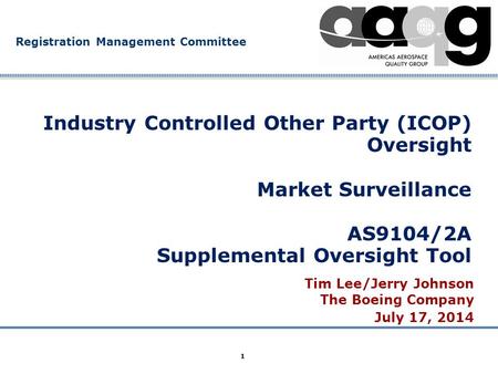 Company Confidential Registration Management Committee 1 Industry Controlled Other Party (ICOP) Oversight Market Surveillance AS9104/2A Supplemental Oversight.