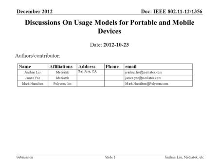 Doc: IEEE 802.11-12/1356 Submission December 2012 Jianhan Liu, Mediatek, etc.Slide 1 Discussions On Usage Models for Portable and Mobile Devices Date: