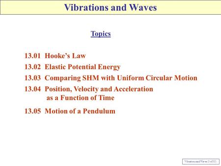 Vibrations and Waves 13.01 Hooke’s Law 13.02 Elastic Potential Energy 13.03 Comparing SHM with Uniform Circular Motion 13.04 Position, Velocity and Acceleration.