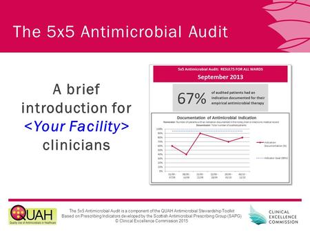 The 5x5 Antimicrobial Audit is a component of the QUAH Antimicrobial Stewardship Toolkit Based on Prescribing Indicators developed by the Scottish Antimicrobial.