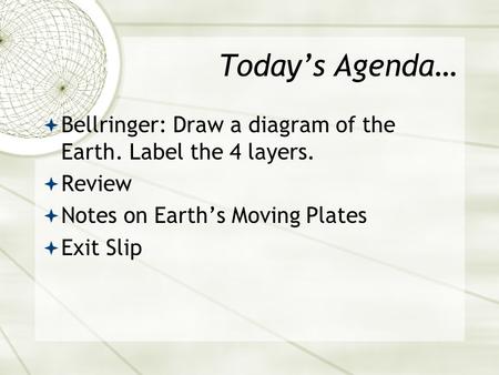 Today’s Agenda…  Bellringer: Draw a diagram of the Earth. Label the 4 layers.  Review  Notes on Earth’s Moving Plates  Exit Slip.