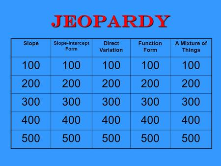 Jeopardy Slope Slope-Intercept Form Direct Variation Function Form A Mixture of Things 100 200 300 400 500.