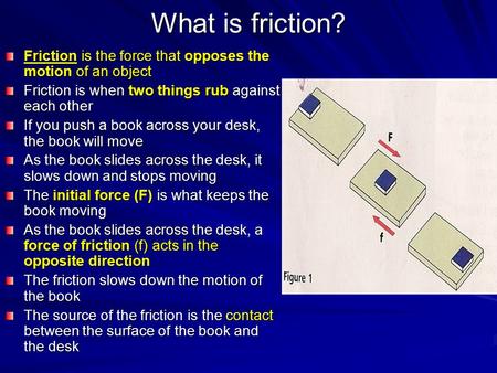 What is friction? Friction is the force that opposes the motion of an object Friction is when two things rub against each other If you push a book across.
