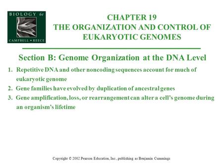 Copyright © 2002 Pearson Education, Inc., publishing as Benjamin Cummings Section B: Genome Organization at the DNA Level 1.Repetitive DNA and other noncoding.