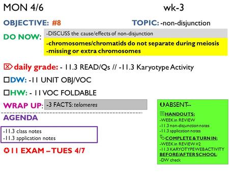 MON 4/6wk-3 OBJECTIVE: #8 TOPIC: -non-disjunction DO NOW :  daily grade: - 11.3 READ/Qs // -11.3 Karyotype Activity  DW: -11 UNIT OBJ/VOC  HW: - 11.