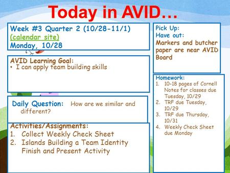 Today in AVID… Week #3 Quarter 2 (10/28-11/1) (calendar site)