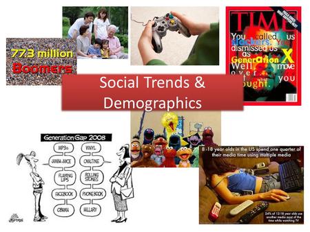 Social Trends & Demographics. Demographic Groups Generation X, Y & Z – Echo Boom – Boomers: 1946-1966 – Gen X: 1960-66 – Baby Bust: 1967-79 – Gen Y (aka.
