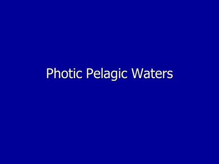 Photic Pelagic Waters I. Location A. From surface to 200m (average) B. Where photosynthesis takes place.