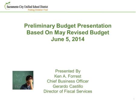 1 Preliminary Budget Presentation Based On May Revised Budget June 5, 2014 Presented By Ken A. Forrest Chief Business Officer Gerardo Castillo Director.