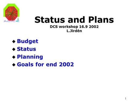 1 Status and Plans DCS workshop 16.9 2002 L.Jirdén u Budget u Status u Planning u Goals for end 2002.