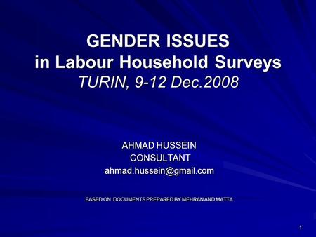 1 GENDER ISSUES in Labour Household Surveys TURIN, 9-12 Dec.2008 AHMAD HUSSEIN CONSULTANT BASED ON DOCUMENTS PREPARED.